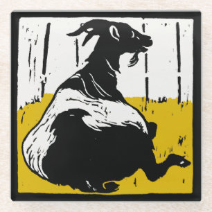 Victorian Woodcut Farm Animal Goats Glass Coaster