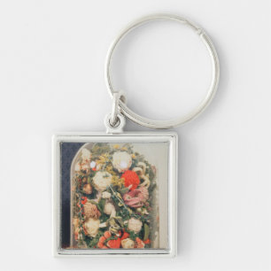 Victorian woollen flowers in a glass case key ring