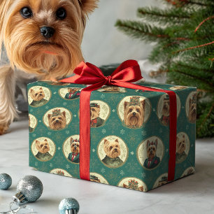Victorian Yorkie Christmas Portraits on Emerald Gr Wrapping Paper