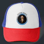 Victory Dance Bind Rune Trucker Hat<br><div class="desc">Combining Runes to represent the Norse gods Odin, Freyja, Thor, and Tyr, as well as the Rune for Overcoming Challenges, this bindrune celebrates the victory of light over darkness in a powerful dance of the energies of Othala, Fehu, Thurisaz, Tiwaz, and Naudhiz. Runes have been used since ancient times as...</div>