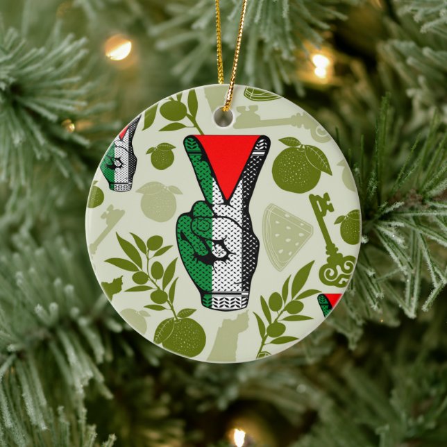 Victory Sign Hand Resistance Red Triangle Symbol Ceramic Ornament (Tree)