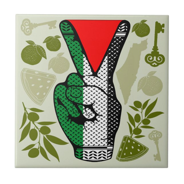 Victory Sign Hand Resistance Red Triangle Symbol Ceramic Tile (Front)