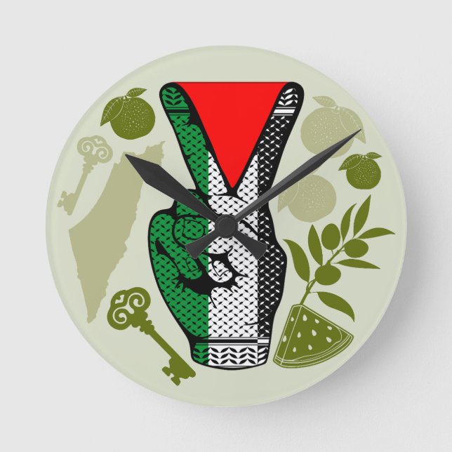 Victory Sign Hand Resistance Red Triangle Symbol Round Clock (Front)