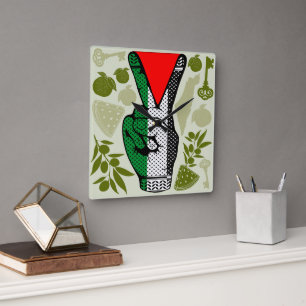 Victory Sign Hand Resistance Red Triangle Symbol Square Wall Clock