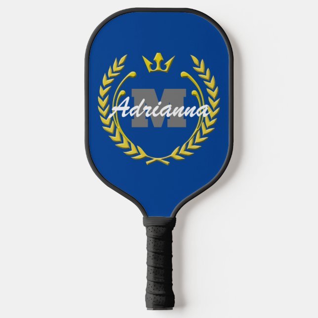 Victory Wreath Monogram and Name BlueBG Pickleball Paddle (Front)