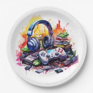 Video Controller and Headphones Boy's Birthday Paper Plate