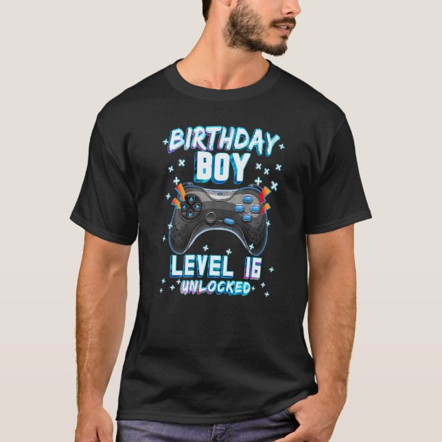 Video Game 16th Birthday Gamer Boys  Level 16 Unlo T-Shirt (Front)