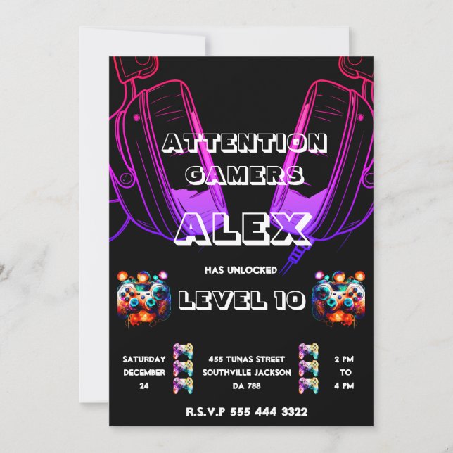 Video Game Attention Gamers Birthday Invite (Front)
