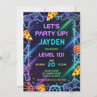 Video Game Birthday Invitation, Neon Gaming Party Invitation