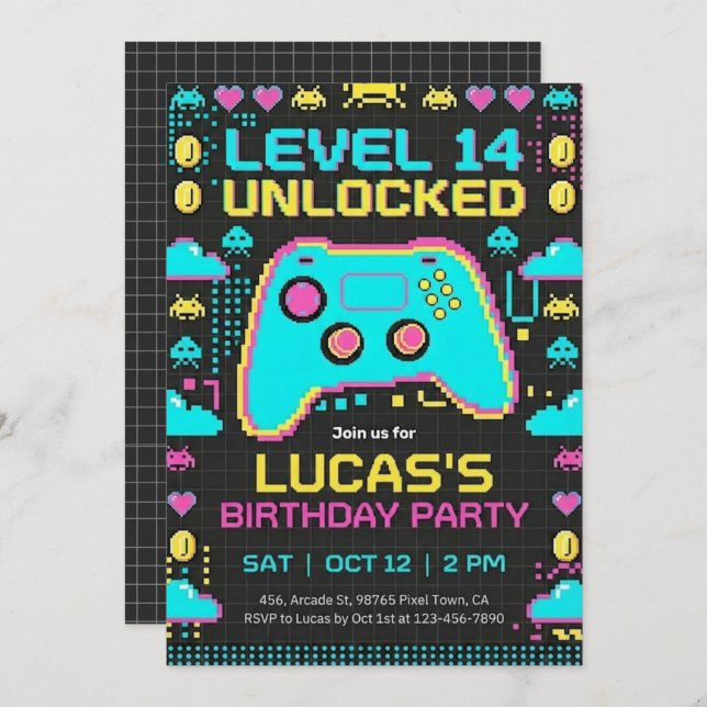 =Video Game Birthday Invitation Pixel Gamer Party (Front/Back)