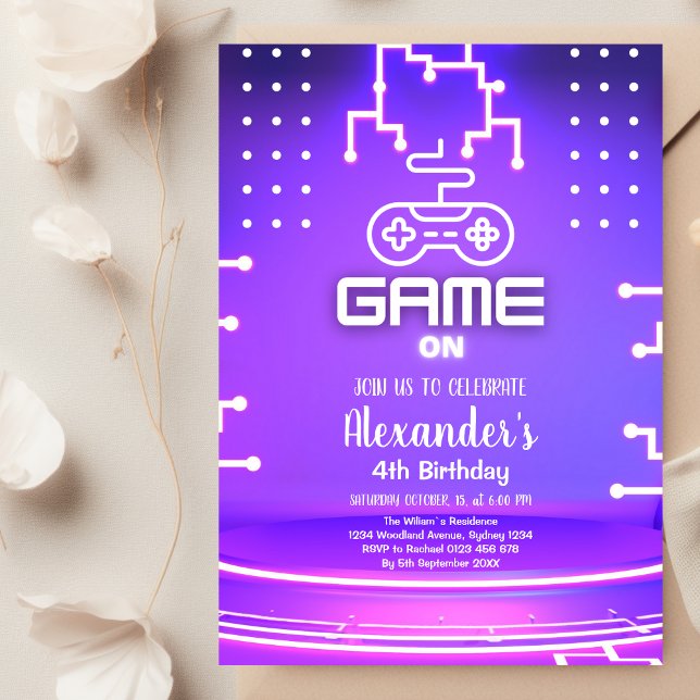 Video Game Birthday Party Neon Game On Level Up Invitation (Creator Uploaded)