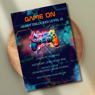 Video Game Birthday Party Neon Game On Level Up Invitation