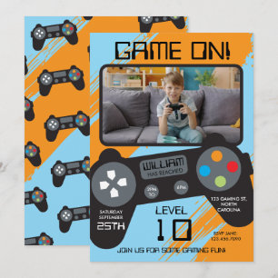 Video Game Blue Orange Cool Boy Photo Birthday Invitation