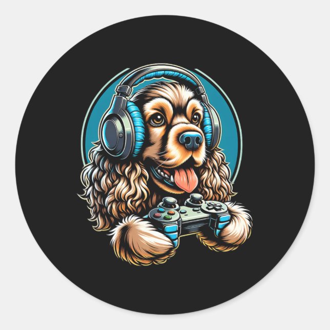 Video Game Cocker Spaniel Dog Gaming  Classic Round Sticker (Front)