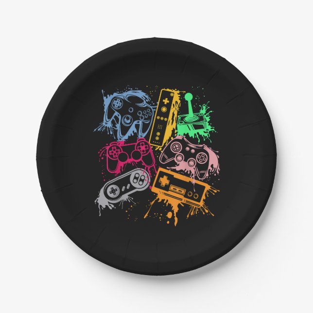 Video Game Console Controllers Retro 80's 90's Arc Paper Plate (Front)
