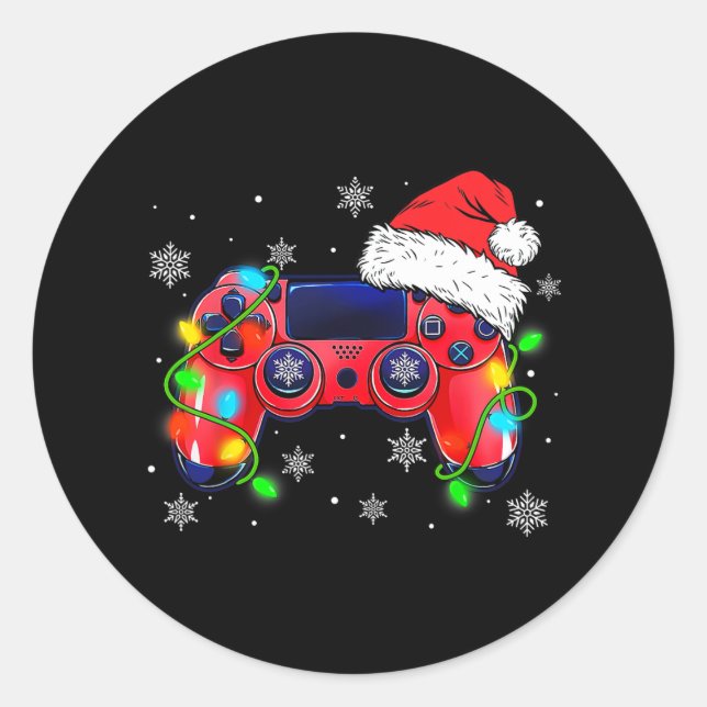 video game controller christmas santa hat gamer bo classic round sticker (Front)