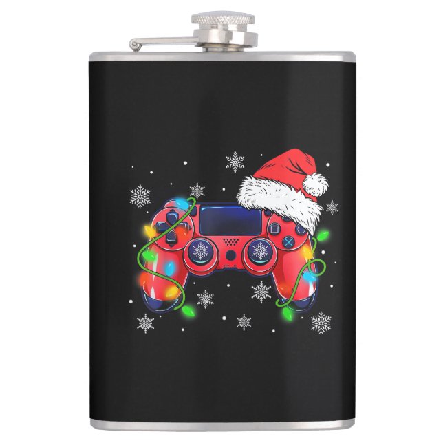 Video Game Controller Christmas Santa Hat Gamer Bo Hip Flask (Front)