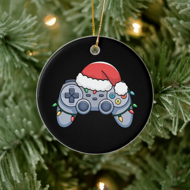 Video Game Controller Christmas Santa Hat Gamer Ceramic Ornament (Tree)