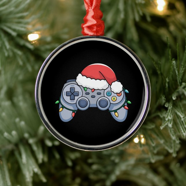Video Game Controller Christmas Santa Hat Gamer Metal Ornament (Tree)
