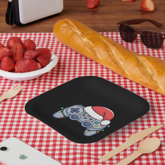 Video Game Controller Christmas Santa Hat Gamer Paper Plate (Picnic)