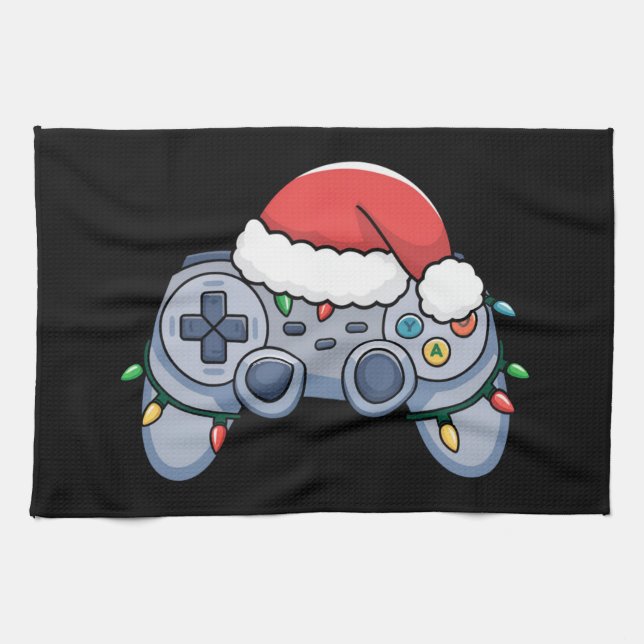 Video Game Controller Christmas Santa Hat Gamer Tea Towel (Horizontal)