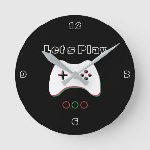 Video Game Controller, Let's Play, Red & Green Art Round Clock