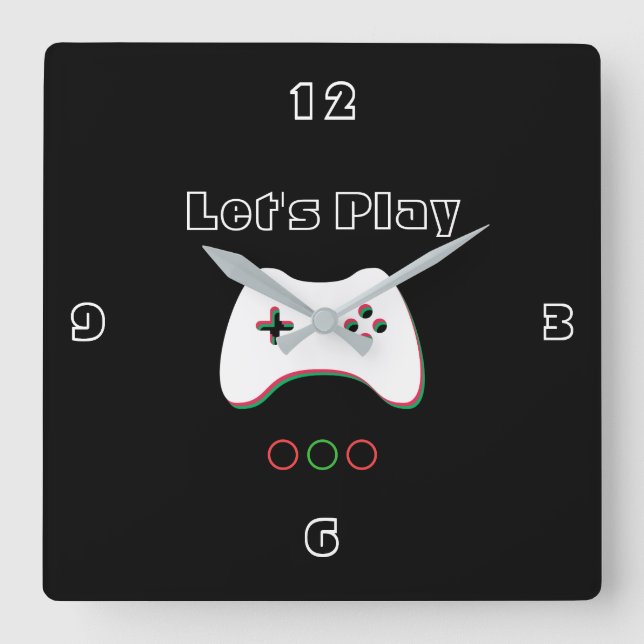 Video Game Controller, Let's Play, Red & Green Art Square Wall Clock (Front)