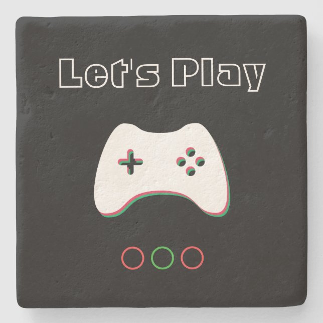 Video Game Controller, Let's Play, Red & Green Art Stone Coaster (Front)