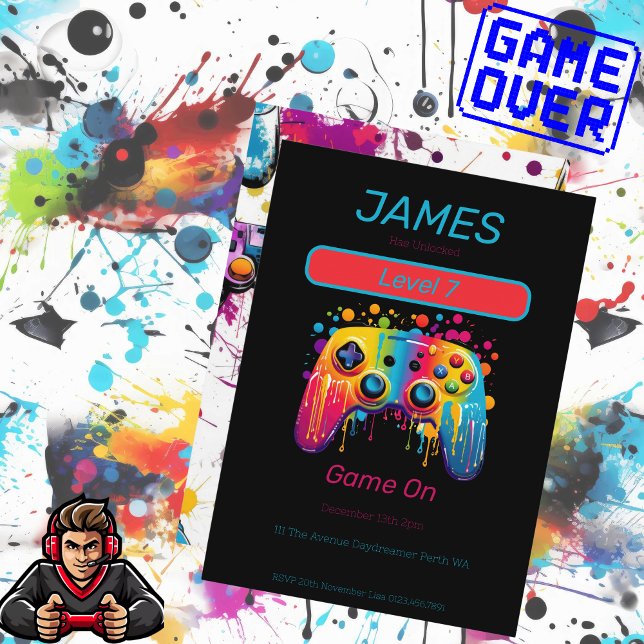 Video Game Controller Level 7 Birthday  Invitation (Video Control Level 7 Birthday Invitation)
