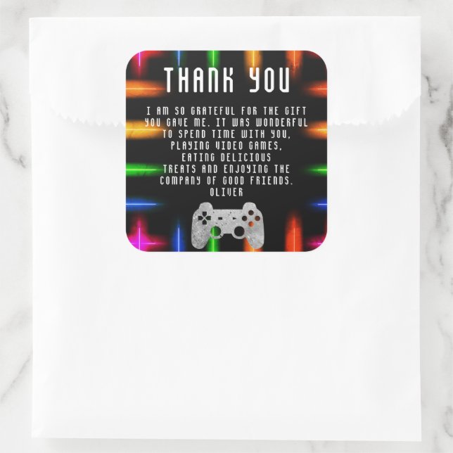 Video Game Controller Neon Birthday Thank you Square Sticker (Bag)