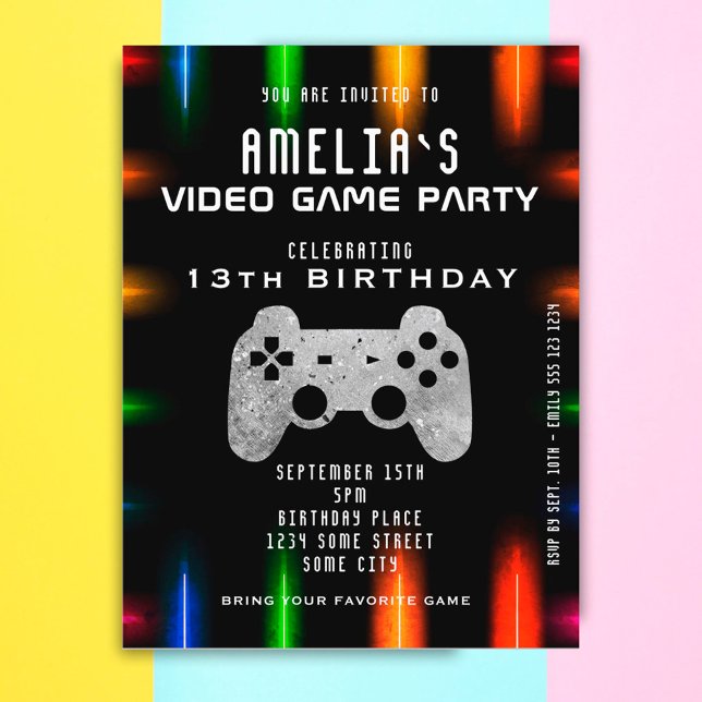 Video Game Controller Neon Gaming Birthday  Invitation Postcard (Creator Uploaded)