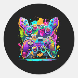Video Game Controller Paint Drip Colourful Gamers Classic Round Sticker