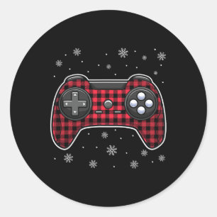Video Game Controller Red Plaid Gamer Boys Kids Classic Round Sticker