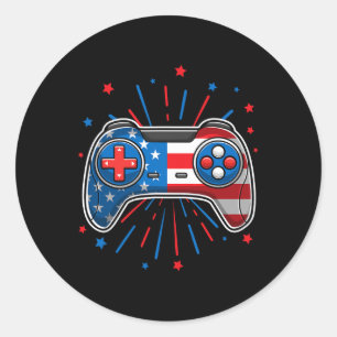 Video Game Gamer 4th Of July American Flag Boys Classic Round Sticker