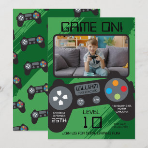 Video Game Green Cool Boy Photo Birthday Party Invitation