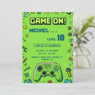 Video Game Green Kids Birthday Party Invitation 