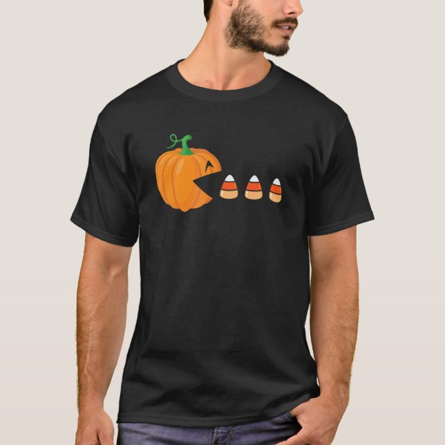 Video Game Halloween Cute Pumpkin Eating Candy Cor T-Shirt (Front)