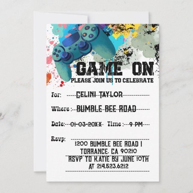 Video Game Invitations For Boy Birthday Party  (Front)