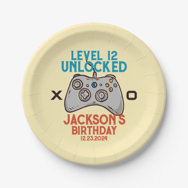 Video Game Level Unlocked Gamer Boy Birthday Party Paper Plate (Front)