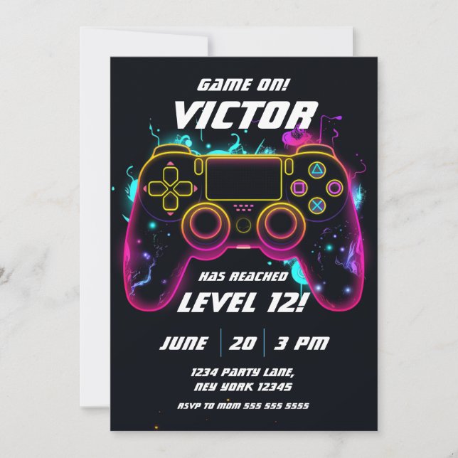 Video Game Level up Gamer Neon Birthday Invitation (Front)