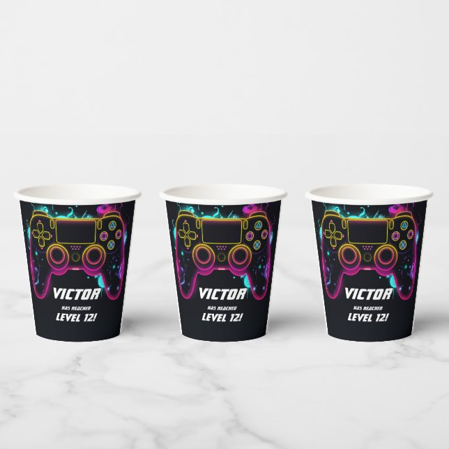 Video Game Level up Gamer Neon Birthday Paper Cups (Multi)