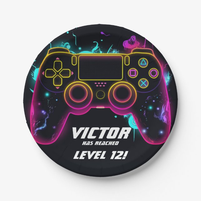 Video Game Level up Gamer Neon Birthday Paper Plate (Front)