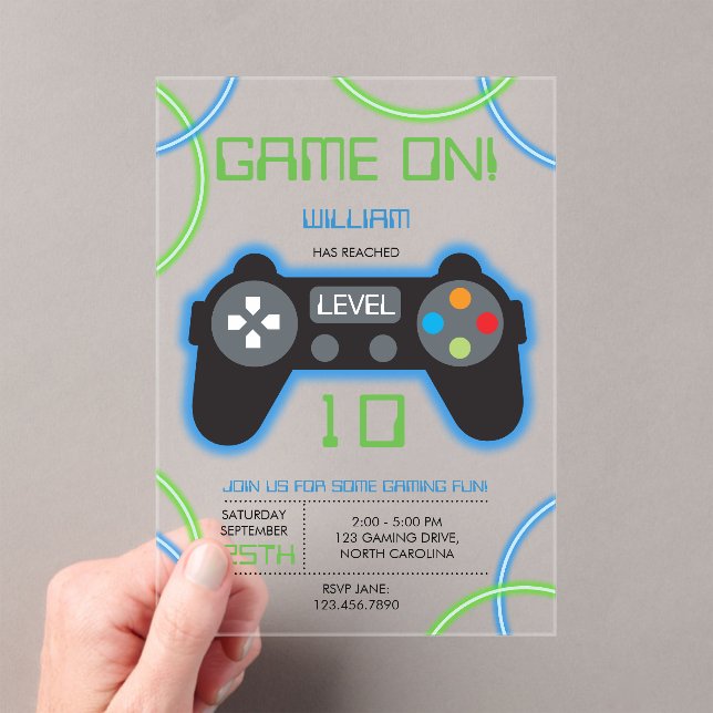 Video Game Neon Blue & Green Birthday Party Acrylic Invitations (Insitu (Handheld))