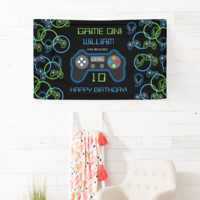 Video Game Neon Blue & Green Birthday Party Banner (Insitu)