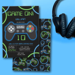 Video Game Neon Blue & Green Birthday Party Invitation