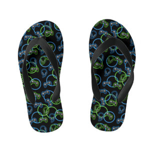 Video Game Neon Blue & Green Pattern  Kid's Thongs
