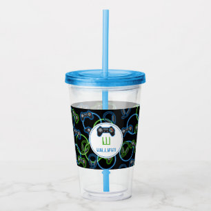 Video Game Neon Blue & Green Pattern Monogram Acrylic Tumbler