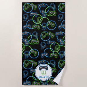 Video Game Neon Blue & Green Pattern Monogram Beach Towel