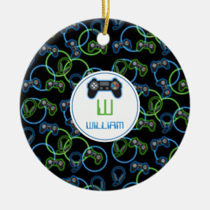 Video Game Neon Blue & Green Pattern Monogram Ceramic Ornament