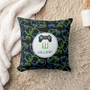 Video Game Neon Blue & Green Pattern Monogram Cushion